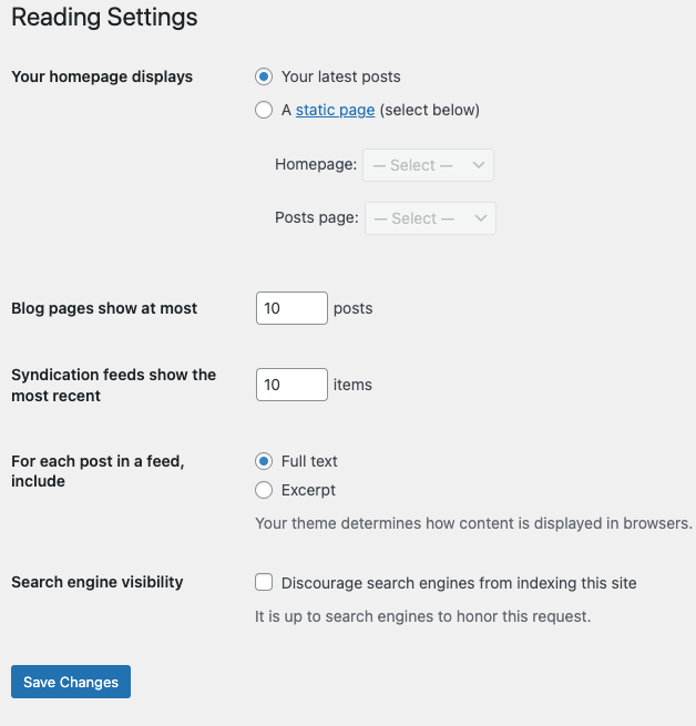 Screenshot-style image of WordPress Settings Reading page focusing on the 'Discourage search engines from indexing this site' checkbox