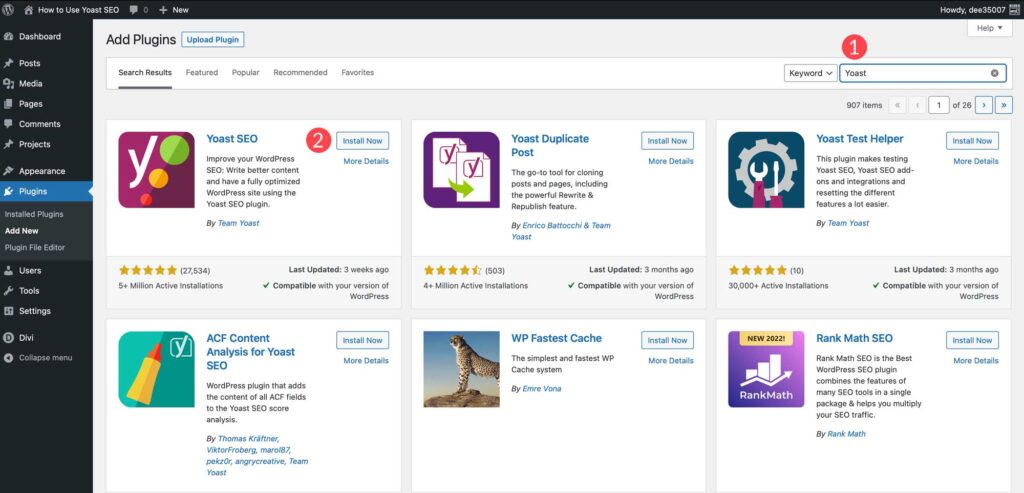 Screenshot-style image of the WordPress Plugins Add New screen with Yoast SEO plugin search results and Install Now and Activate buttons highlighted