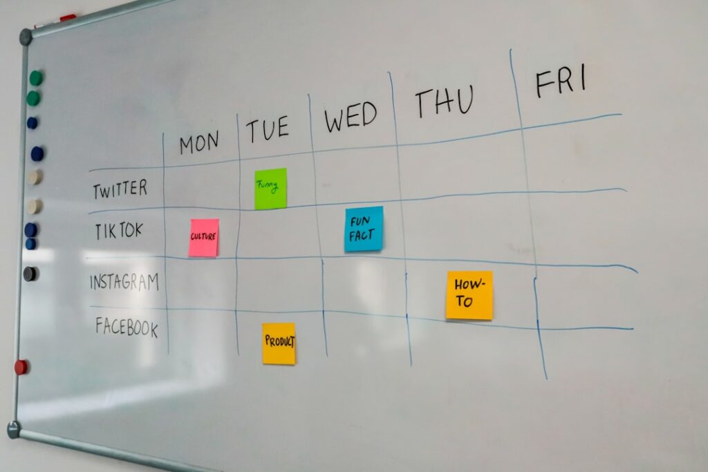 Content planning whiteboard with colorful sticky notes showing weekly social media scheduling workflow