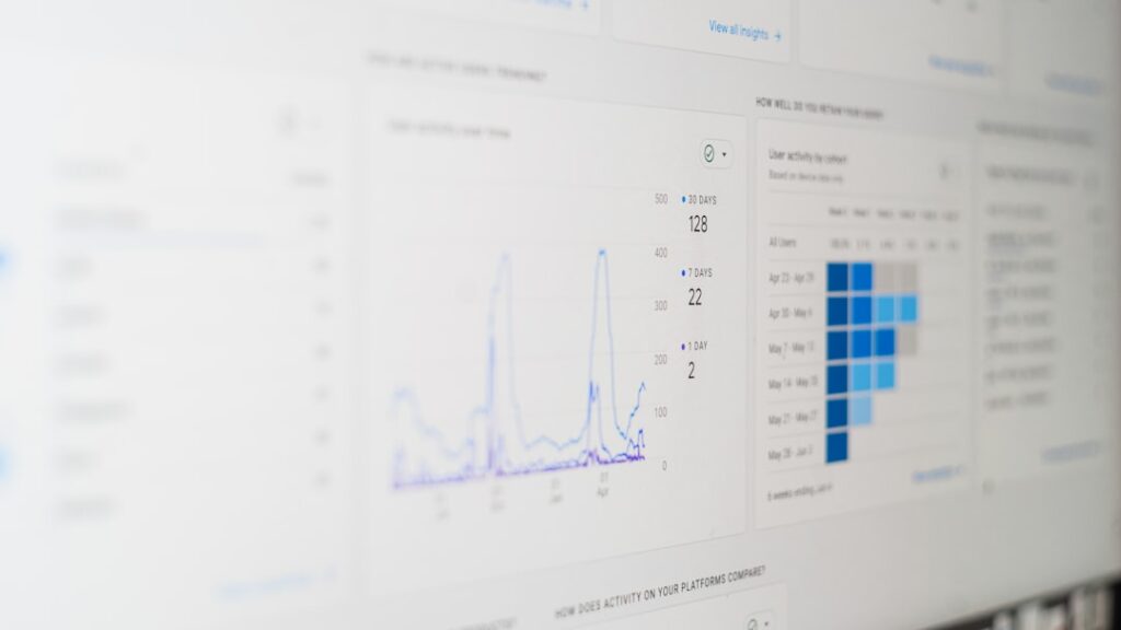 Analytics dashboard displaying keyword research data and charts for competitor analysis with graphs and metrics