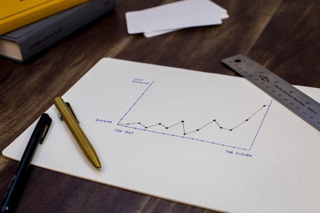 Hand-drawn business growth chart with upward trend line representing strategic planning for content marketing success