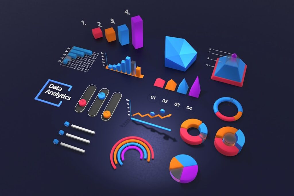 Colorful 3D rendered marketing tools and dashboard elements representing modern software stack components