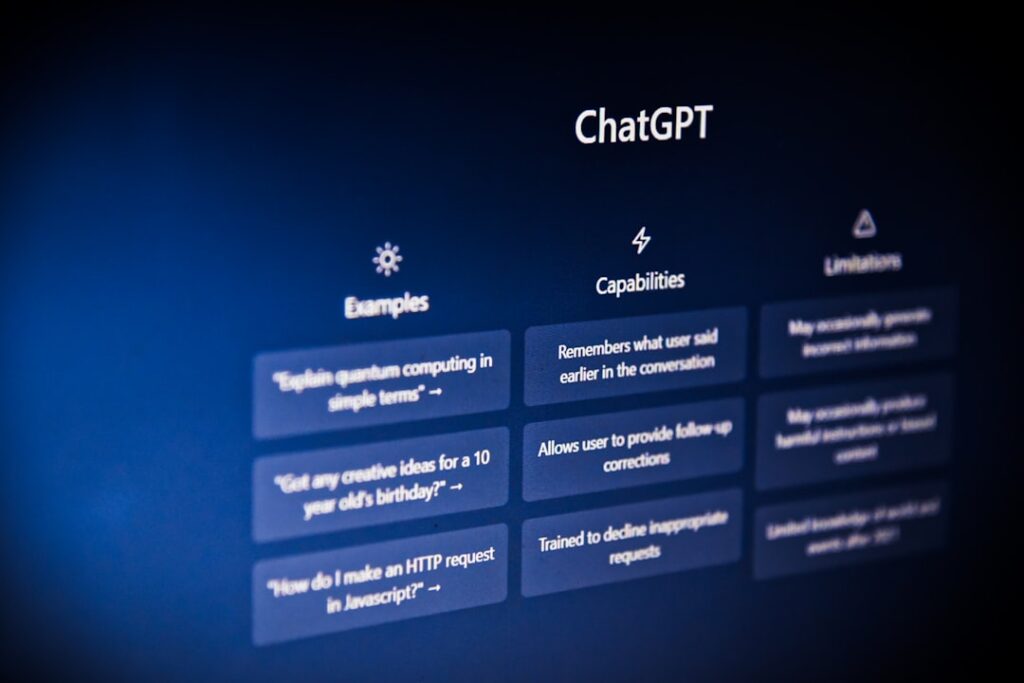 ChatGPT interface screen showing examples and capabilities prompts on computer display