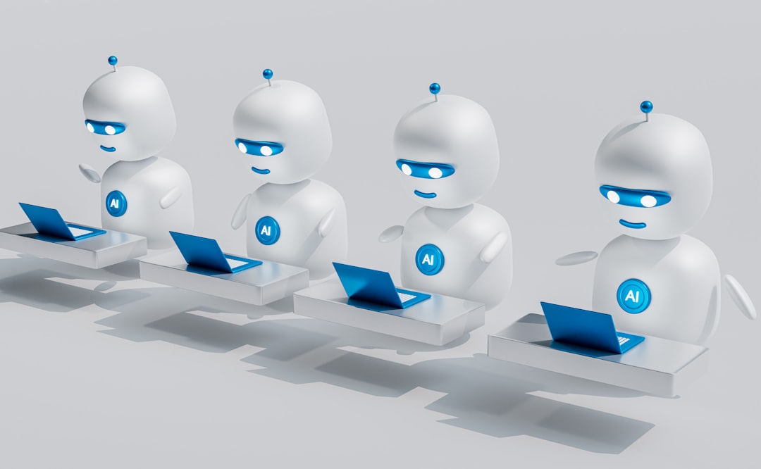 AI robots working on laptops representing ChatGPT, Perplexity and other answer engines. Photo by Mojahid Mottakin