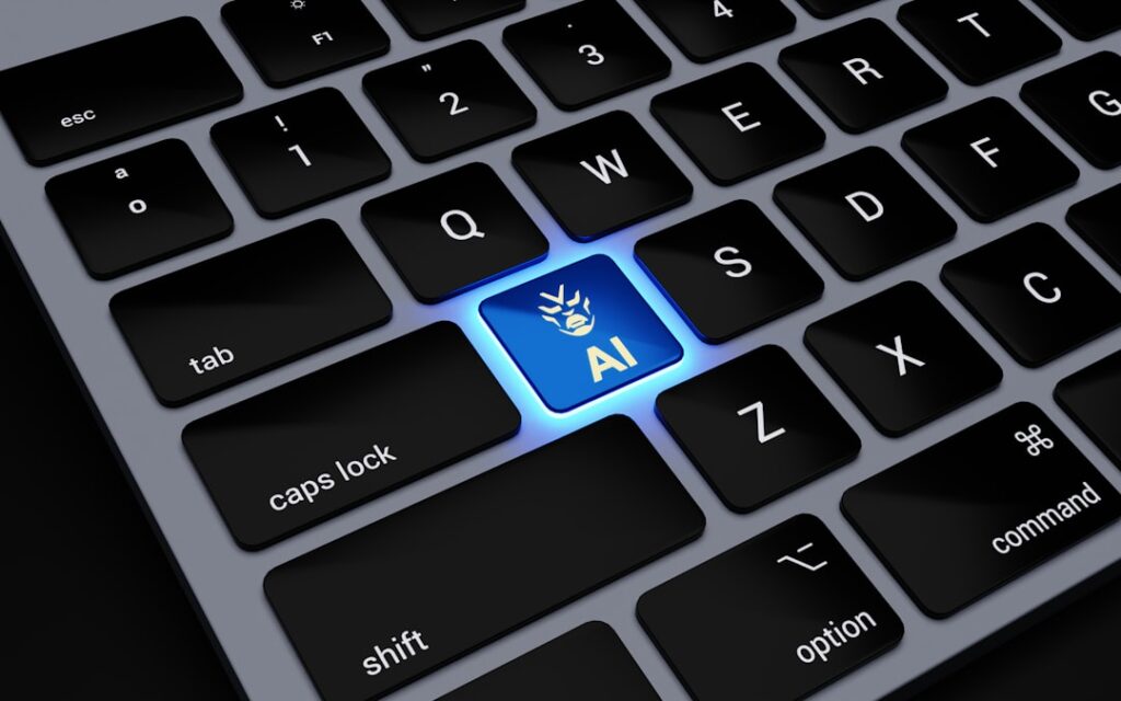 AI artificial intelligence keyboard key glowing blue representing automation in SEO tasks