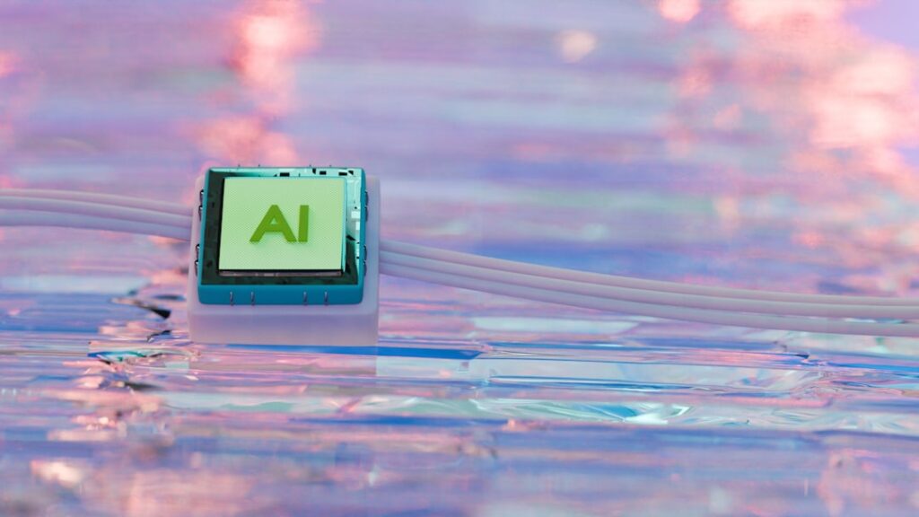 Futuristic AI microchip representing artificial intelligence technology innovation and digital transformation