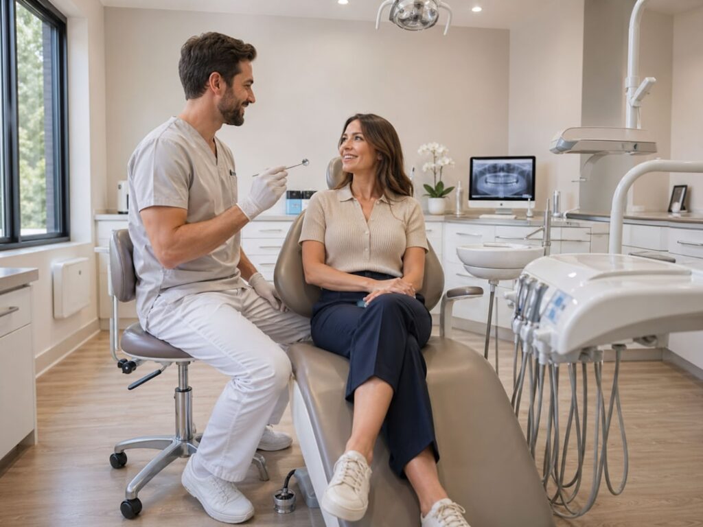 Dentist consulting with patient in modern dental office, representing local service businesses using programmatic SEO