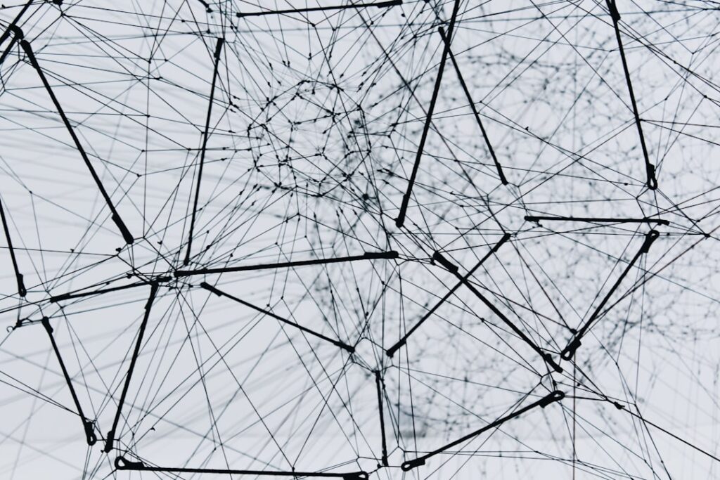 Complex interconnected network of nodes and lines representing internal linking structure between web pages
