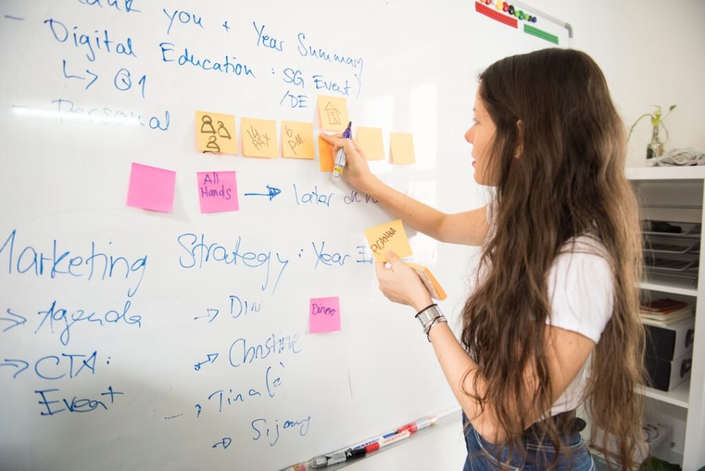 Marketing team member organizing sticky notes on a whiteboard showing marketing strategy and content planning.