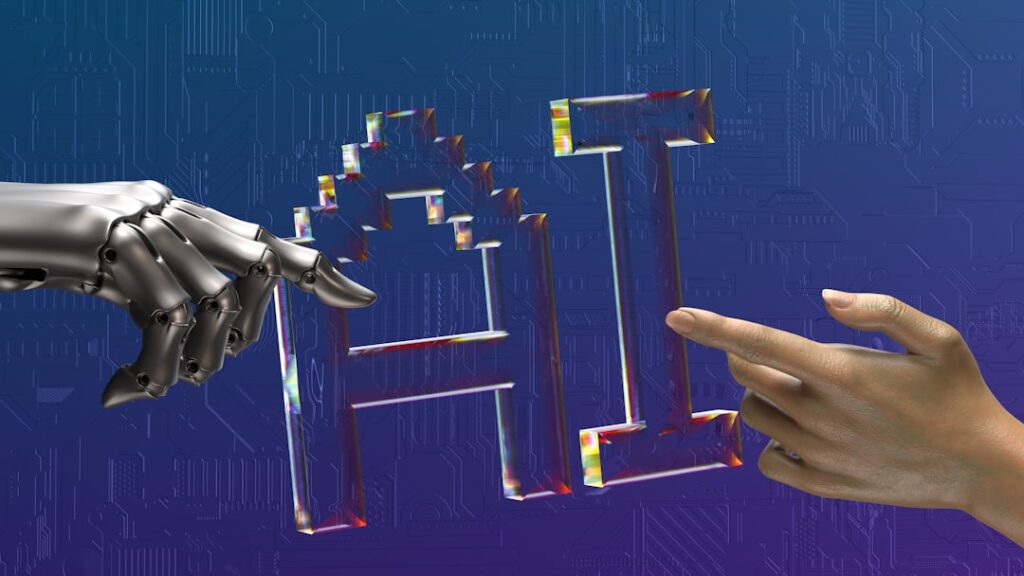 Robot and human hands reaching toward AI text illustration, representing collaboration between artificial intelligence and human editors