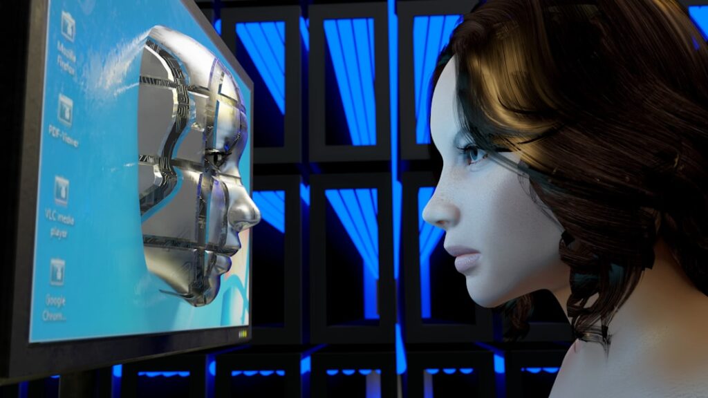 Person looking at artificial intelligence interface on computer screen representing AI-powered content production