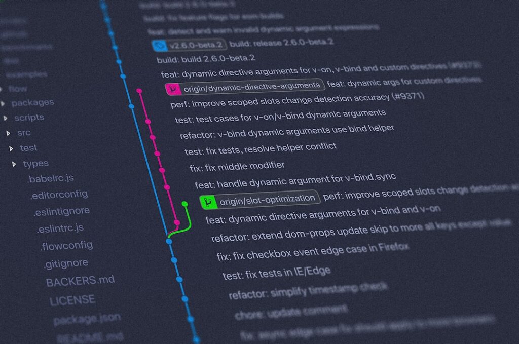 Code commit log in a terminal editor representing automated technical SEO processes running in the background