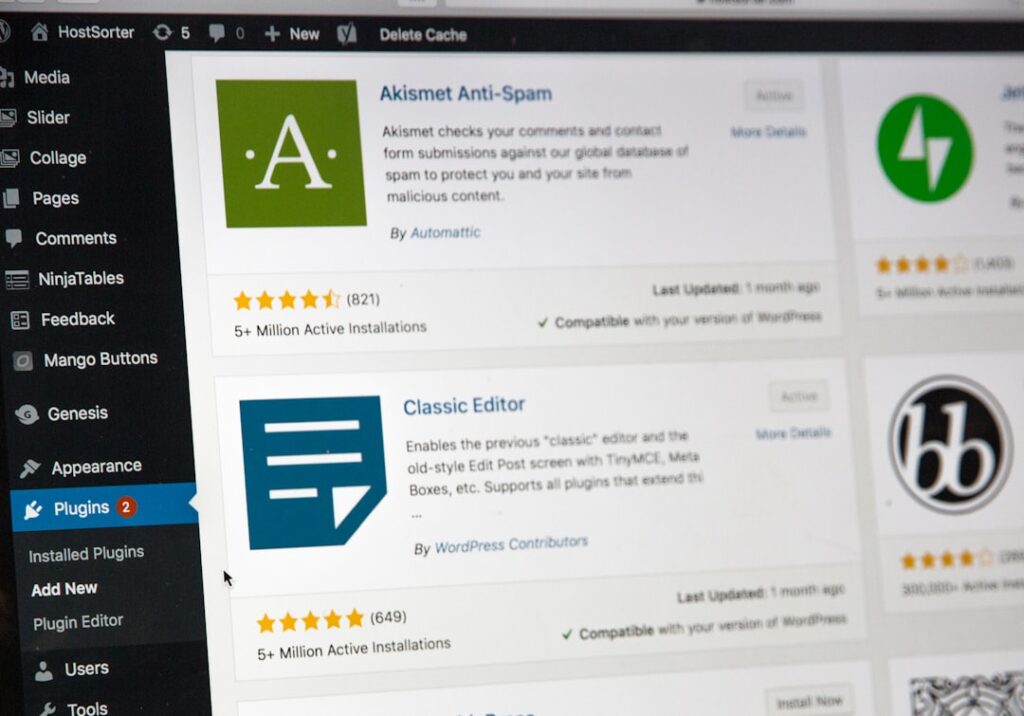 WordPress admin Plugins page showing installed plugins and compatibility ratings, illustrating plugin update cadence concerns for AI writing tools.