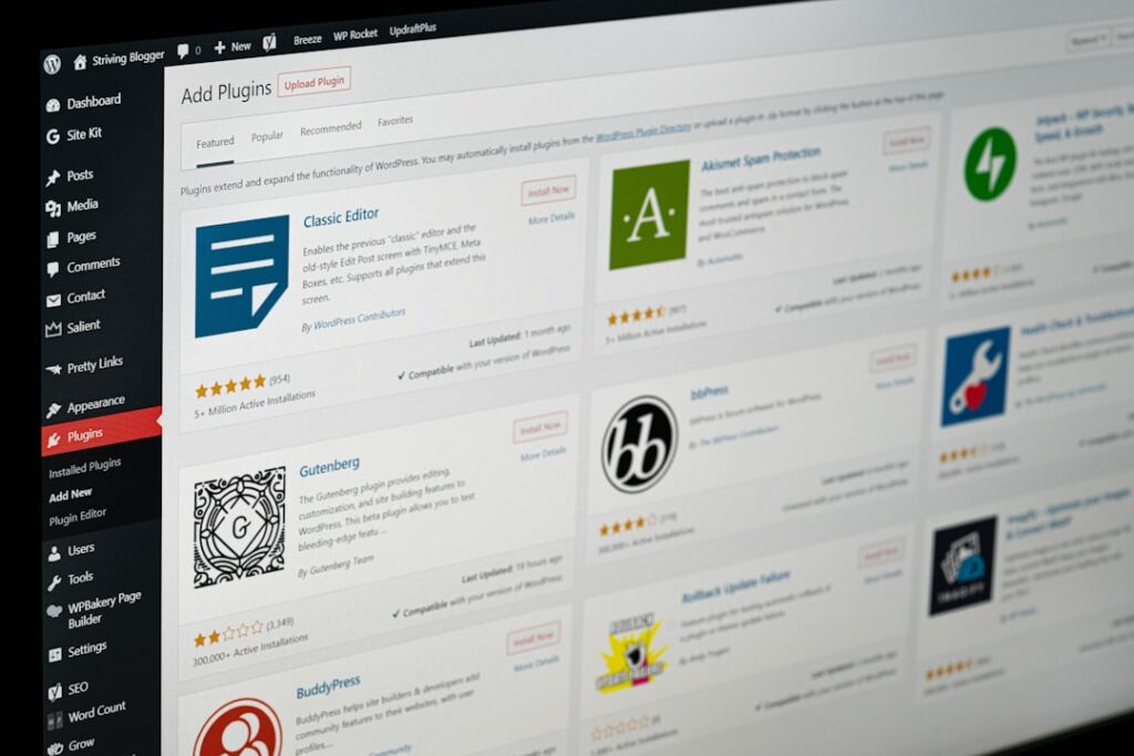 WordPress plugin dashboard showing installed plugins, representing the workflow difference between a desktop app and a native WordPress plugin