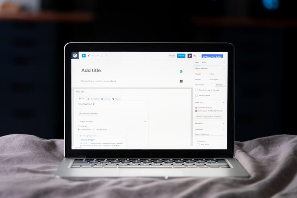 WordPress block editor new post screen on a laptop, representing the WordPress content creation workflow being compared across AI plugins