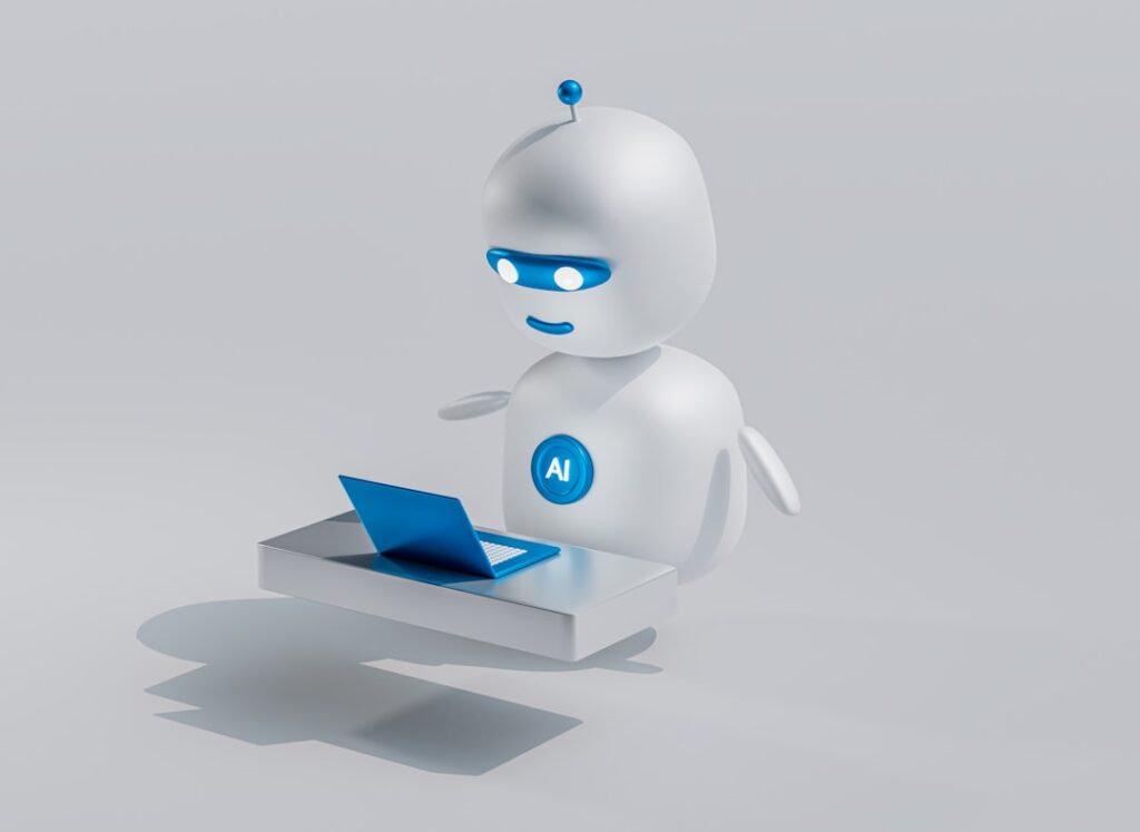 AI robot working at a laptop computer, representing automated content creation tools.