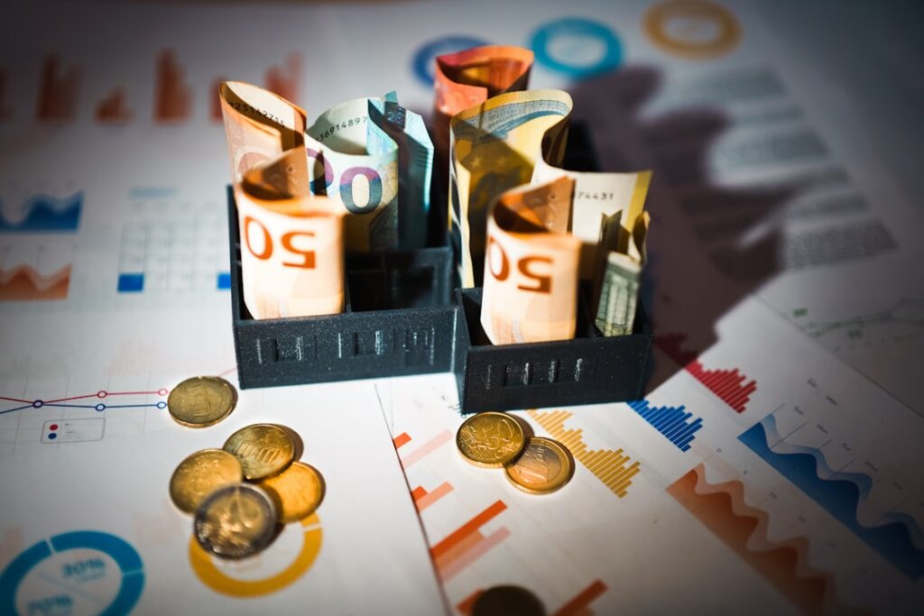 Euro banknotes in holders beside coins on top of printed charts and analytics reports, representing software cost comparison and annual pricing decisions.