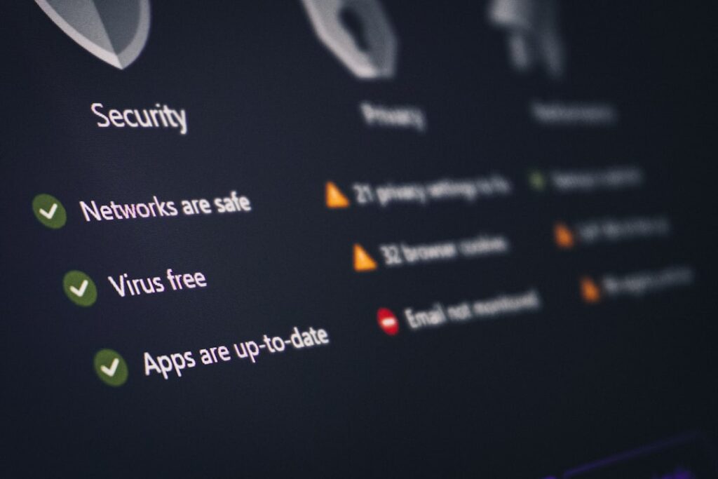 Security software dashboard showing network protection status, virus-free checks, and app update indicators