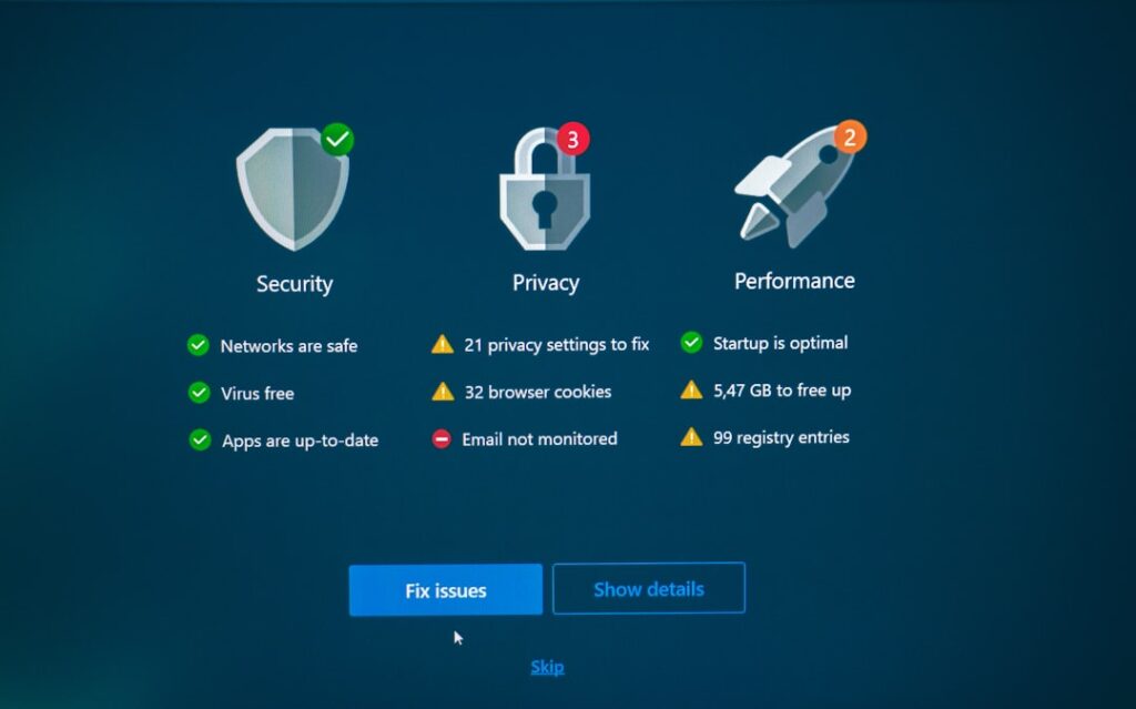 Security software dashboard showing security, privacy, and performance status panels with a Fix Issues button, representing a security plugin that can block WordPress Application Passwords via a filter.