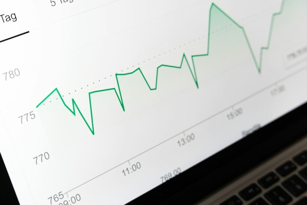 Close-up of a line graph on a laptop screen showing volatile daily fluctuations in data metrics, illustrating the noise in daily rank checking