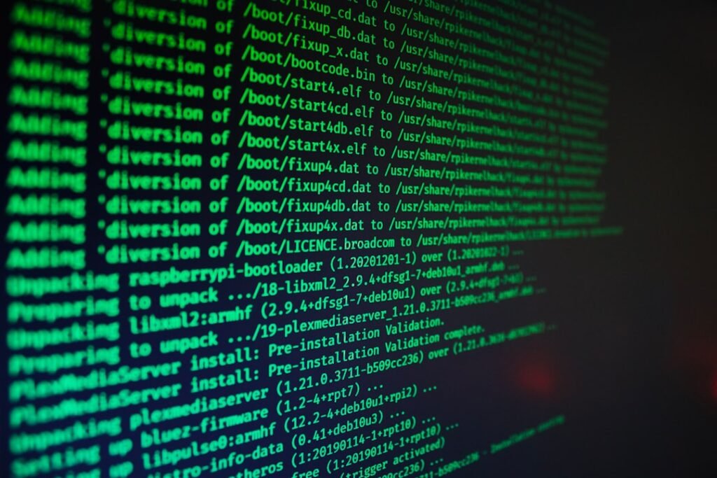 Linux terminal scrolling green installation output, representing server-level firewall and security plugin configuration that can block WordPress loopback requests.
