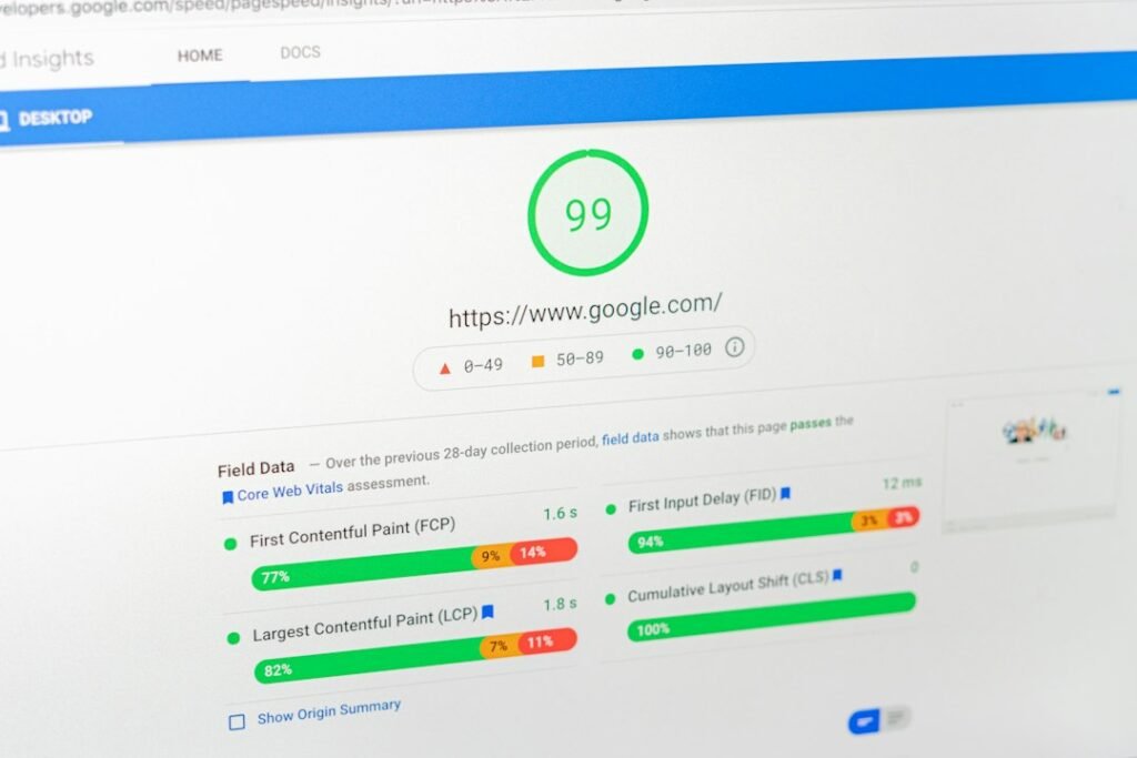 Google PageSpeed Insights scoring a website 99 out of 100, representing SEO optimization tools and performance analysis