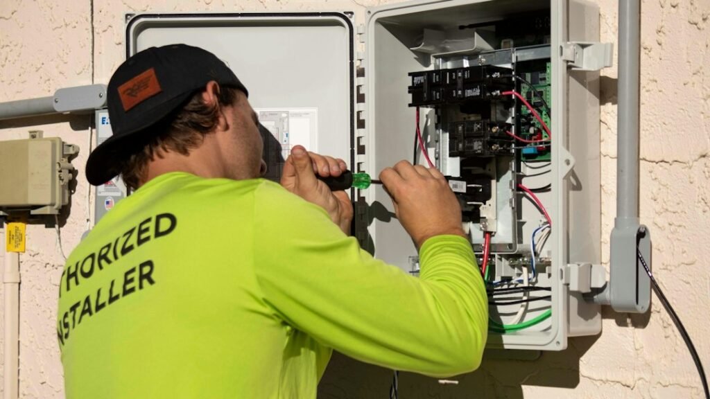 Electrician in hi-vis shirt working on an outdoor electrical panel, representing a local service business running Google Ads campaigns.