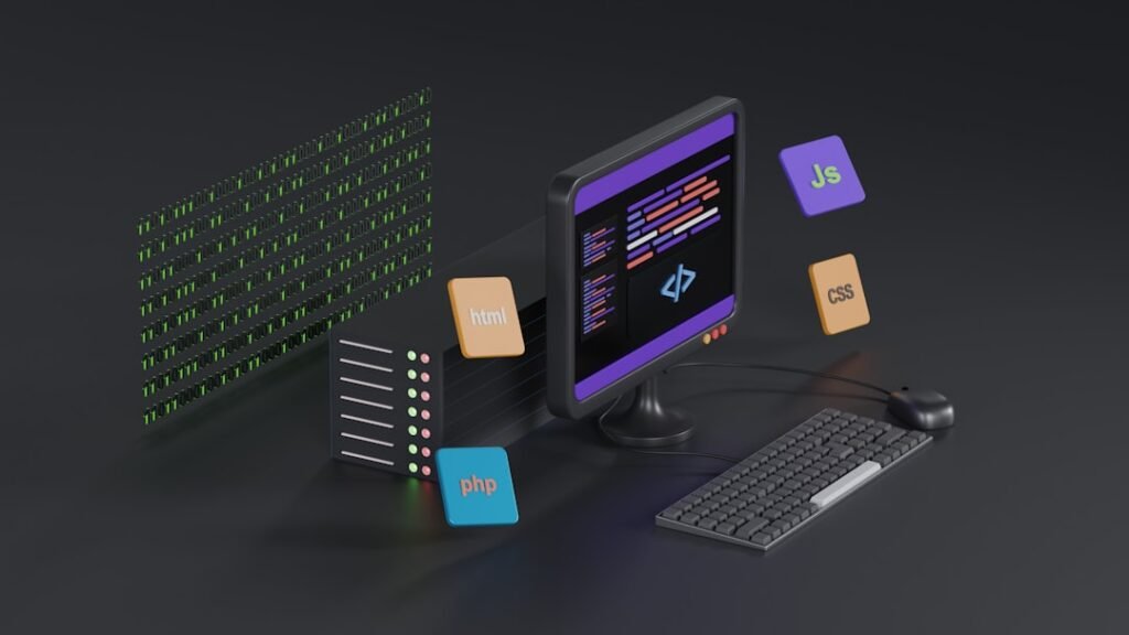 3D illustration of a web development stack showing PHP, HTML, JavaScript and CSS technology icons around a monitor with code, representing server-level configuration and the PHP runtime environment where display_errors settings are applied.