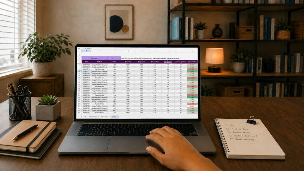 Business owner reviewing a cost comparison spreadsheet on a laptop at a home office desk with notebook beside it
