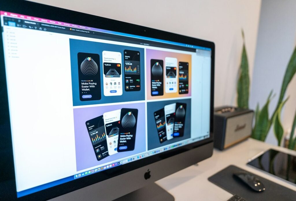 Designer reviewing mobile app screens on an iMac monitor, comparing layout and UX across different mobile viewports