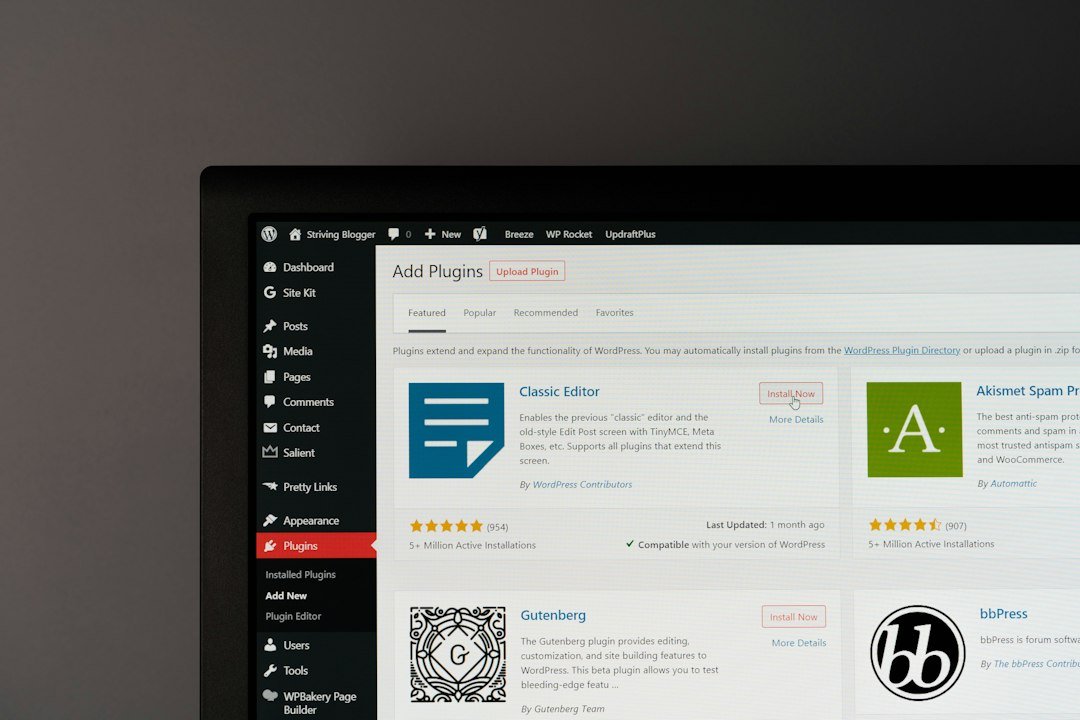 WordPress Add Plugins screen showing the plugin directory with plugin listings and star ratings