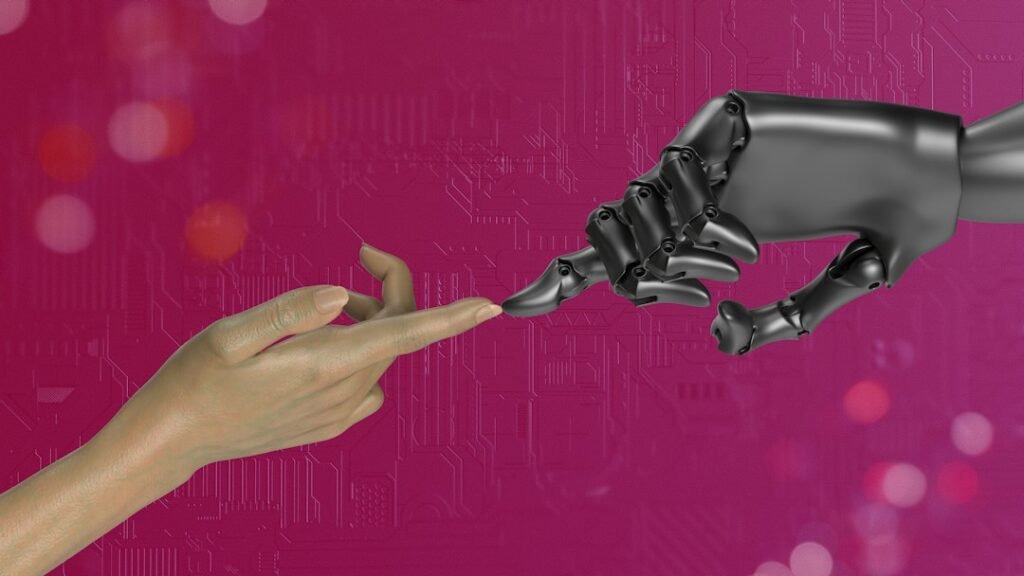 A human hand and a robotic hand reaching toward each other against a digital circuit background — illustrating the boundary between what AI can and cannot provide in content creation.