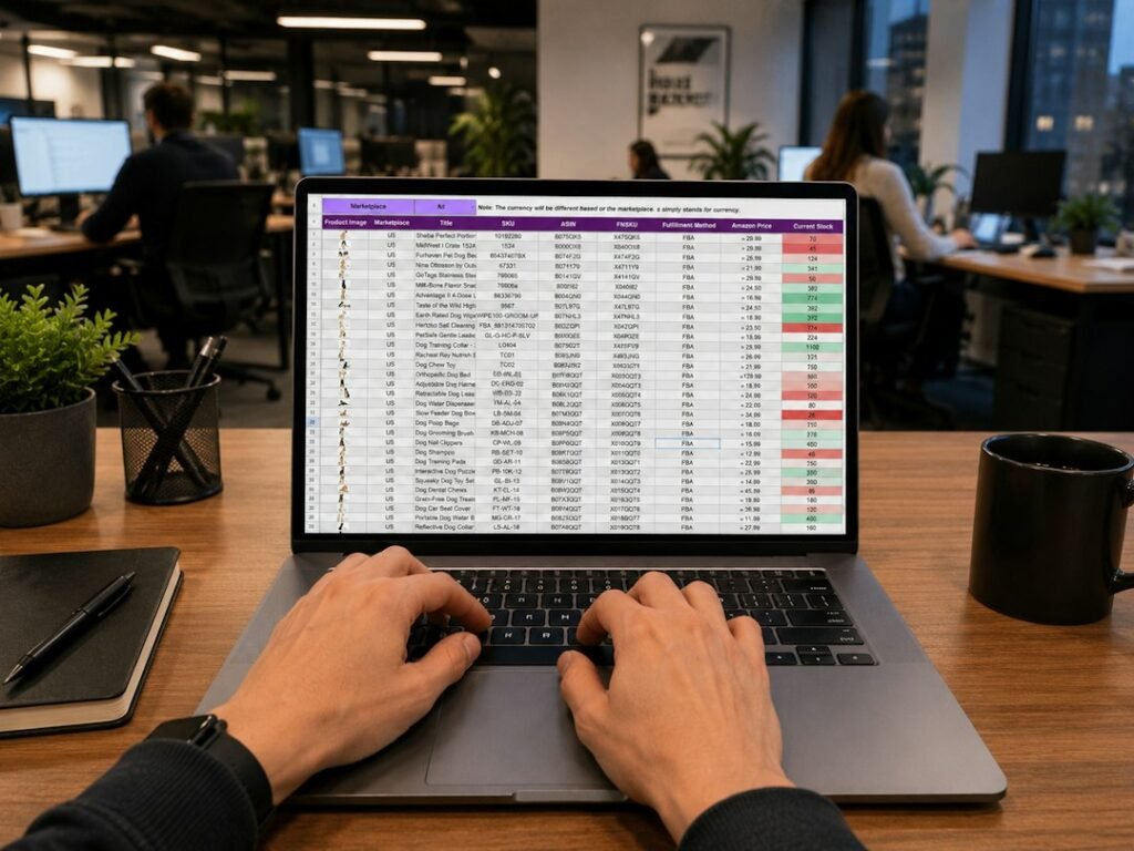 Marketing professional working on a detailed spreadsheet comparison at an office desk with coworkers in the background