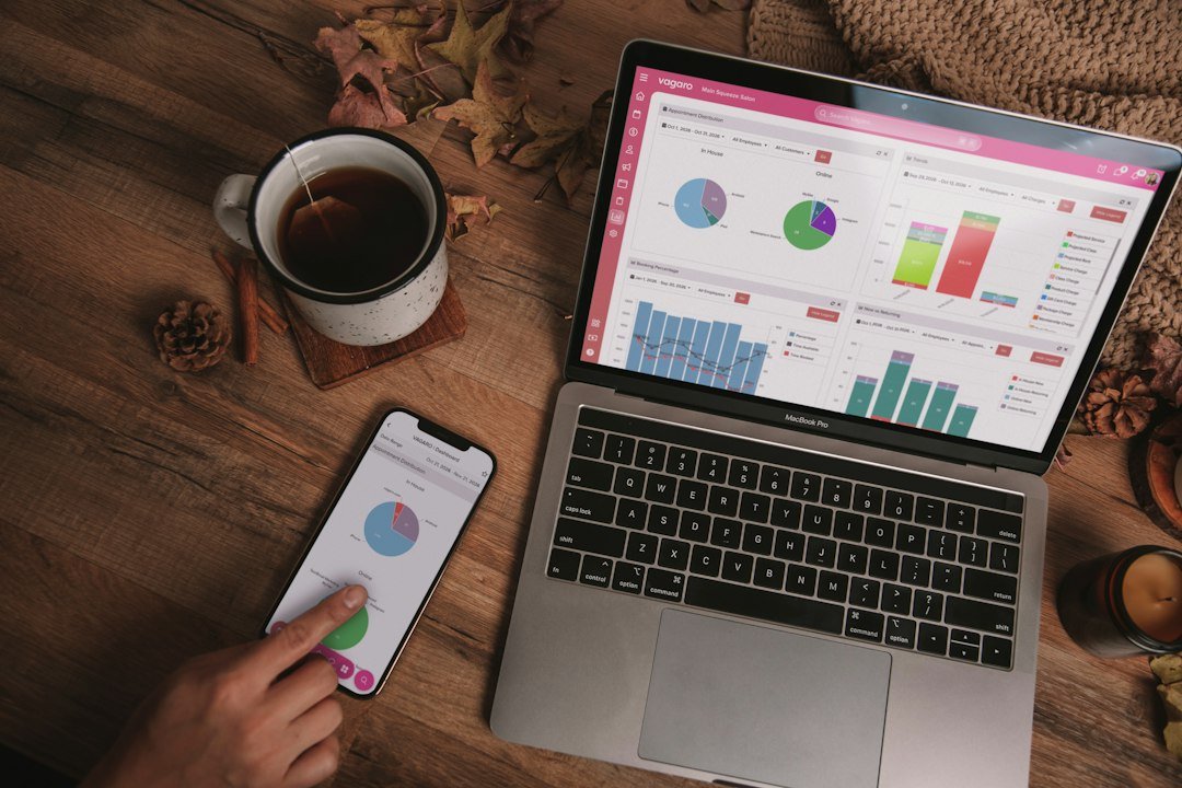 Analytics dashboard displayed on laptop and phone showing charts and metrics, representing SEO tool review for WordPress blogs